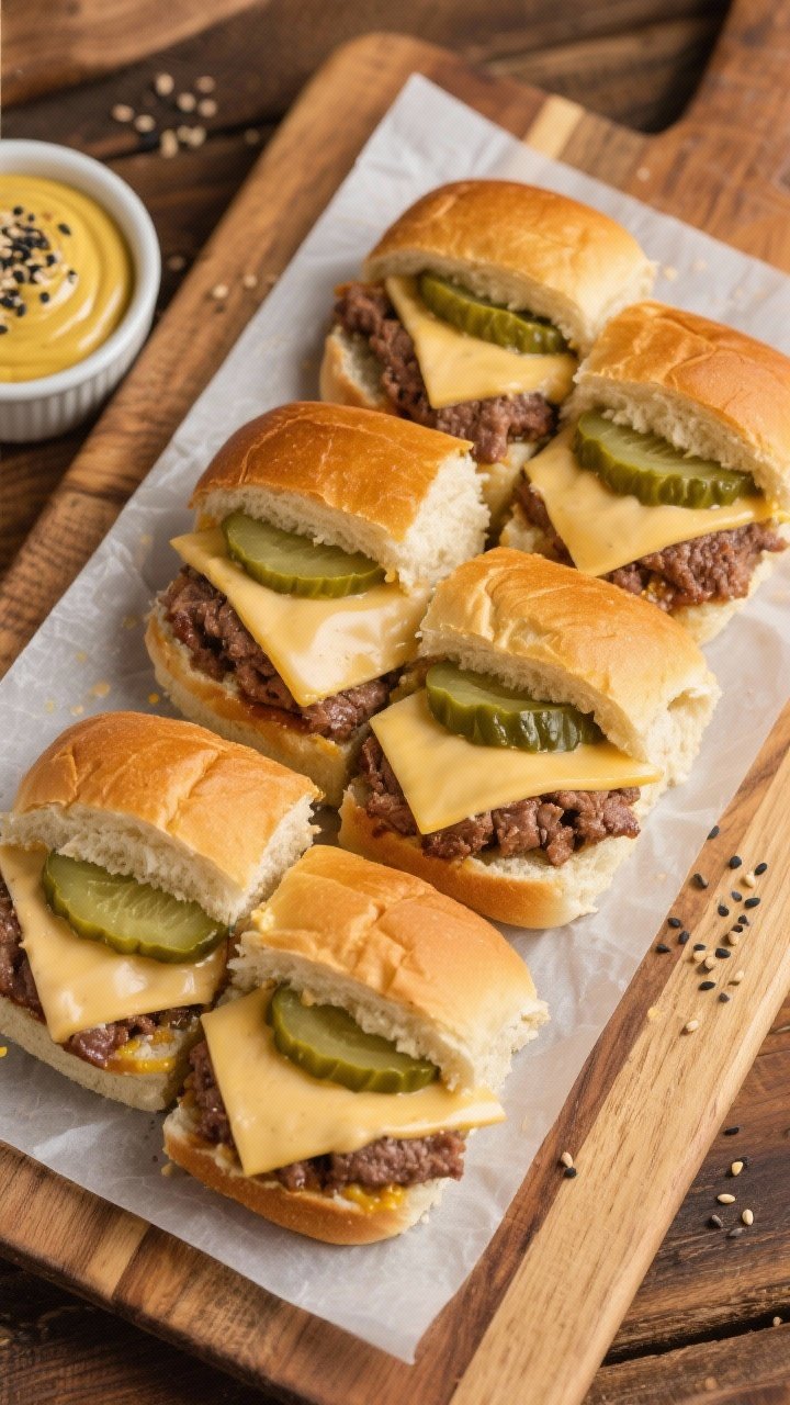 Overhead final presentation of a sliced tray of Hawaiian roll sliders on a wooden board lined with p