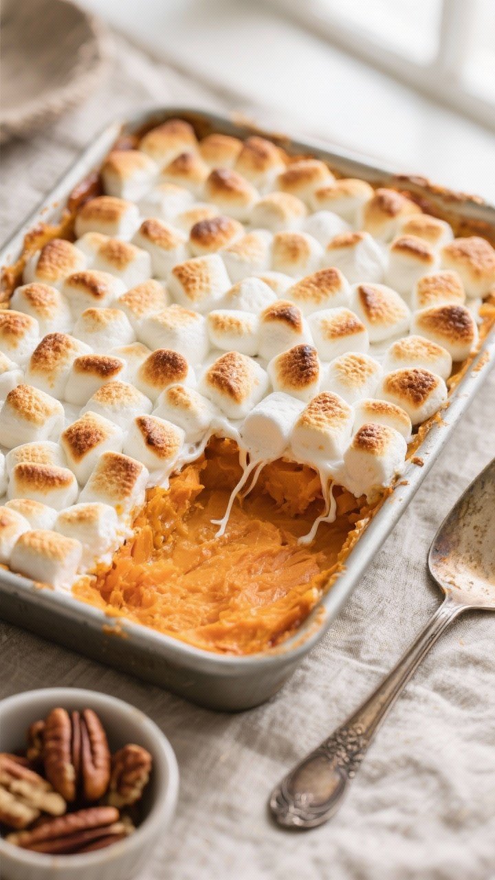 Overhead shot of a 9x13 baked sweet potato casserole just after the marshmallow finish, showing an e