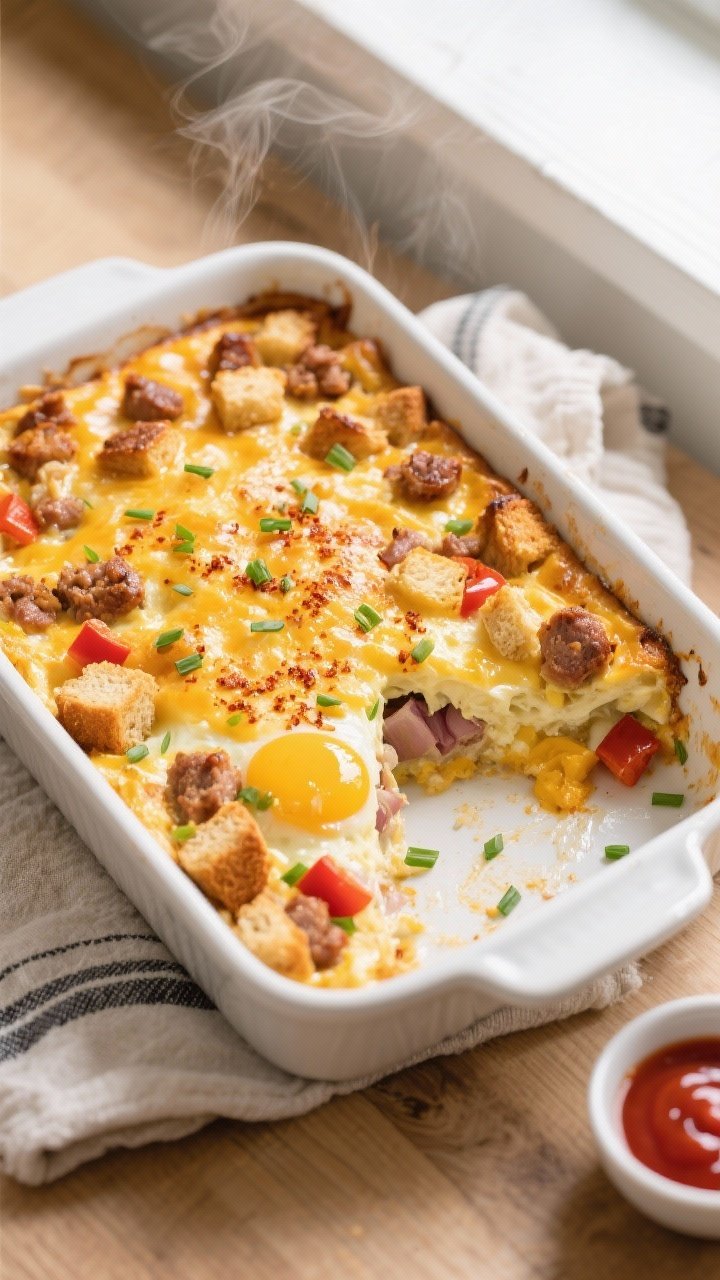 Overhead shot of a freshly baked breakfast casserole with cheddar and sausage in a 9x13 white cerami